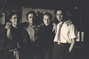 Alumni of the Kyiv State Art Institute. Left to right O. Zhyvotkov, V. Zhuravel, V. Barskiy, A. Dubovik. 1957.